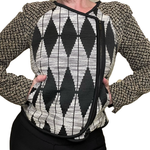 RACHEL ROY Fitted Assymetrical Zip Jacquard Jacket Black Cream Tan, 6